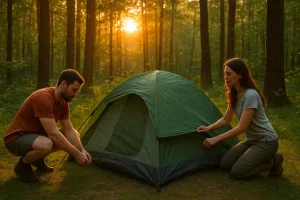 A man and woman are setting up a tent in a beautiful, calm forest, symbolizing a well-chosen and peaceful campsite.