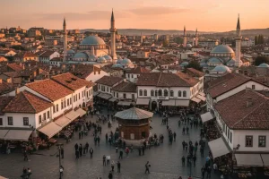 A photo of the old town Bascarsija in Sarajevo with Ottoman-era buildings and a mosque.