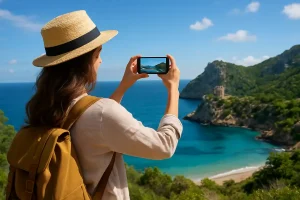 A travel blogger taking a photo of a beautiful destination, the work and passion behind a sponsored trip.