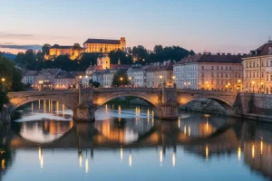 A photo of the Triple Bridge in Ljubljana, Slovenia, with the castle in the background.