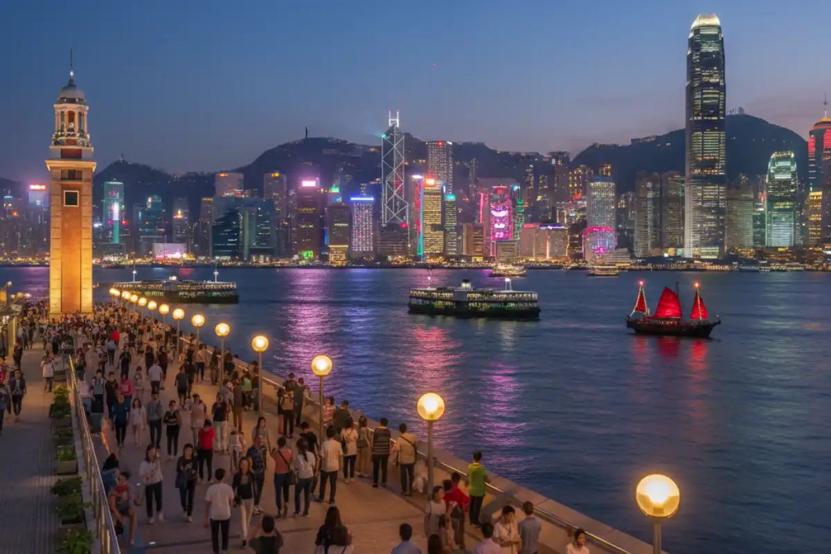 Tsim Sha Tsui Promenade with the Hong Kong Island skyline in the background.