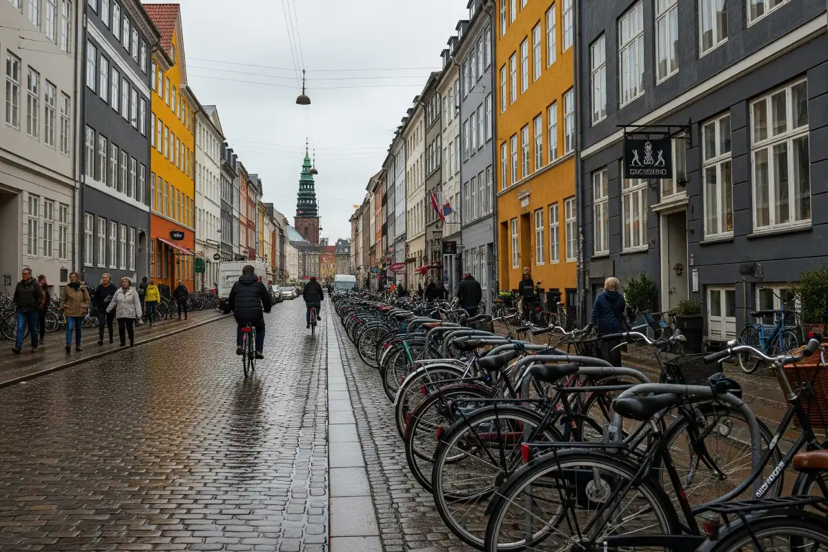 A photo of a typical street in Copenhagen with bicycles parked.