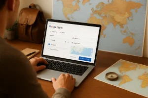 A person using Google Flights on a laptop, with a world map in the background, symbolizing smart and efficient travel planning