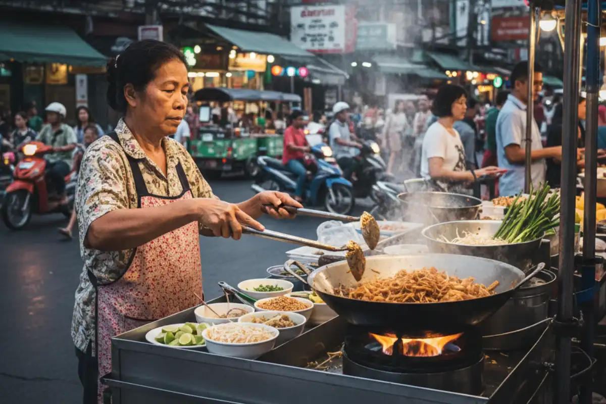A street vendor preparing Pad Thai in a wok in Bangkok.