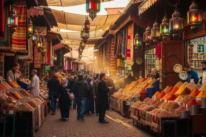 A vibrant, bustling street scene in a souk in Marrakech, Morocco