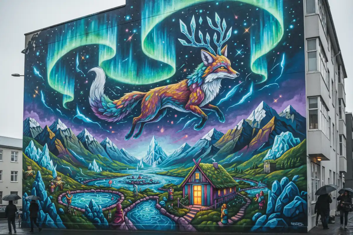 A photo of vibrant street art on a building in Reykjavik.