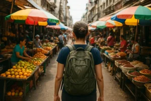 A person walking through a bustling street market in Southeast Asia, with a backpack on, symbolizing smart and safe travel