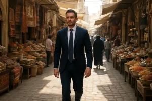 A well-dressed man walking confidently through a busy, traditional marketplace in a Middle Eastern city