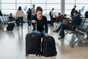 A woman keeping a close eye on their luggage in a busy airport terminal, vigilance and awareness
