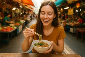A woman enjoying a bowl of authentic local food at a bustling market, symbolizing a true and affordable dining experience