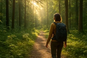 A woman walking slowly and mindfully through a sunlit forest, surrounded by trees and lush greenery.