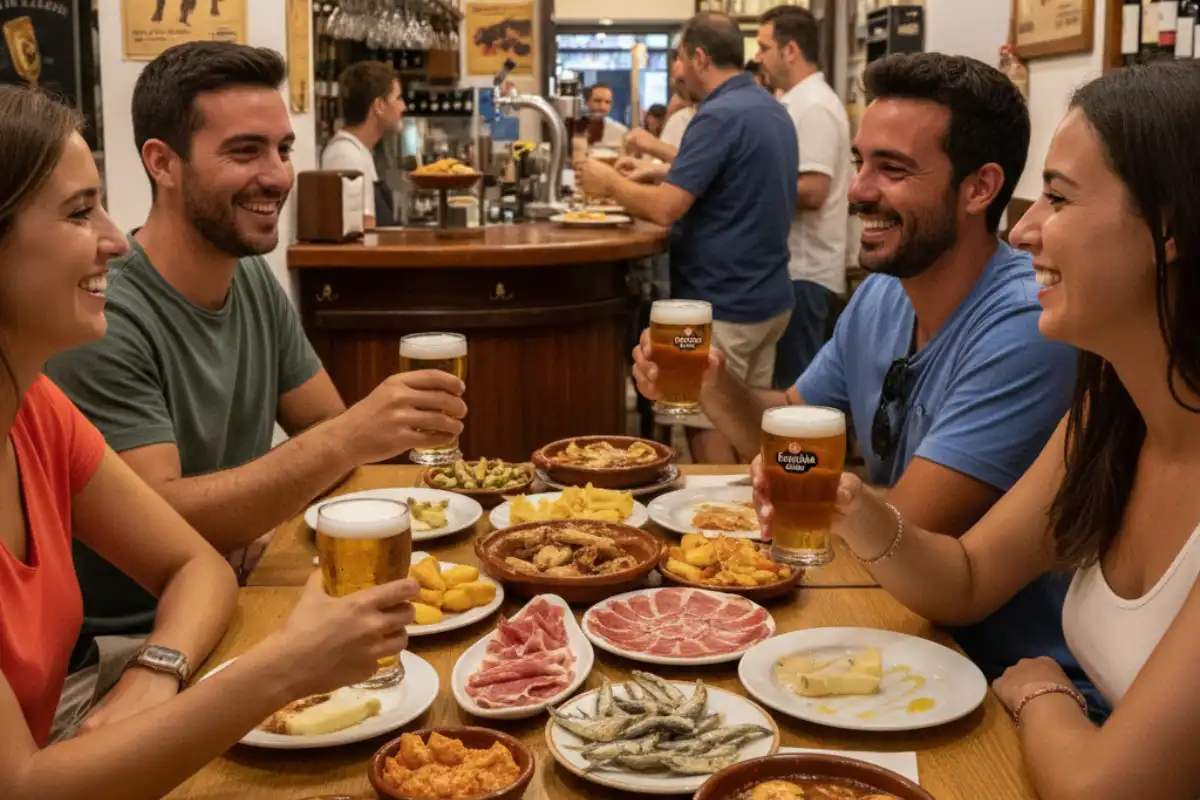 A selection of affordable tapas and small beers in a Málaga bar.