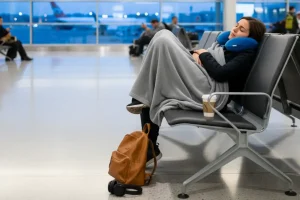 A quiet corner of a brightly lit airport terminal where a traveler is curled up comfortably on a bench with a neck pillow and blanket.
