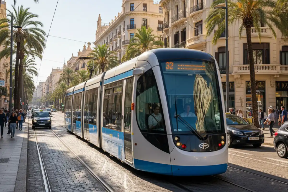 The modern Alicante tram running through a city street.