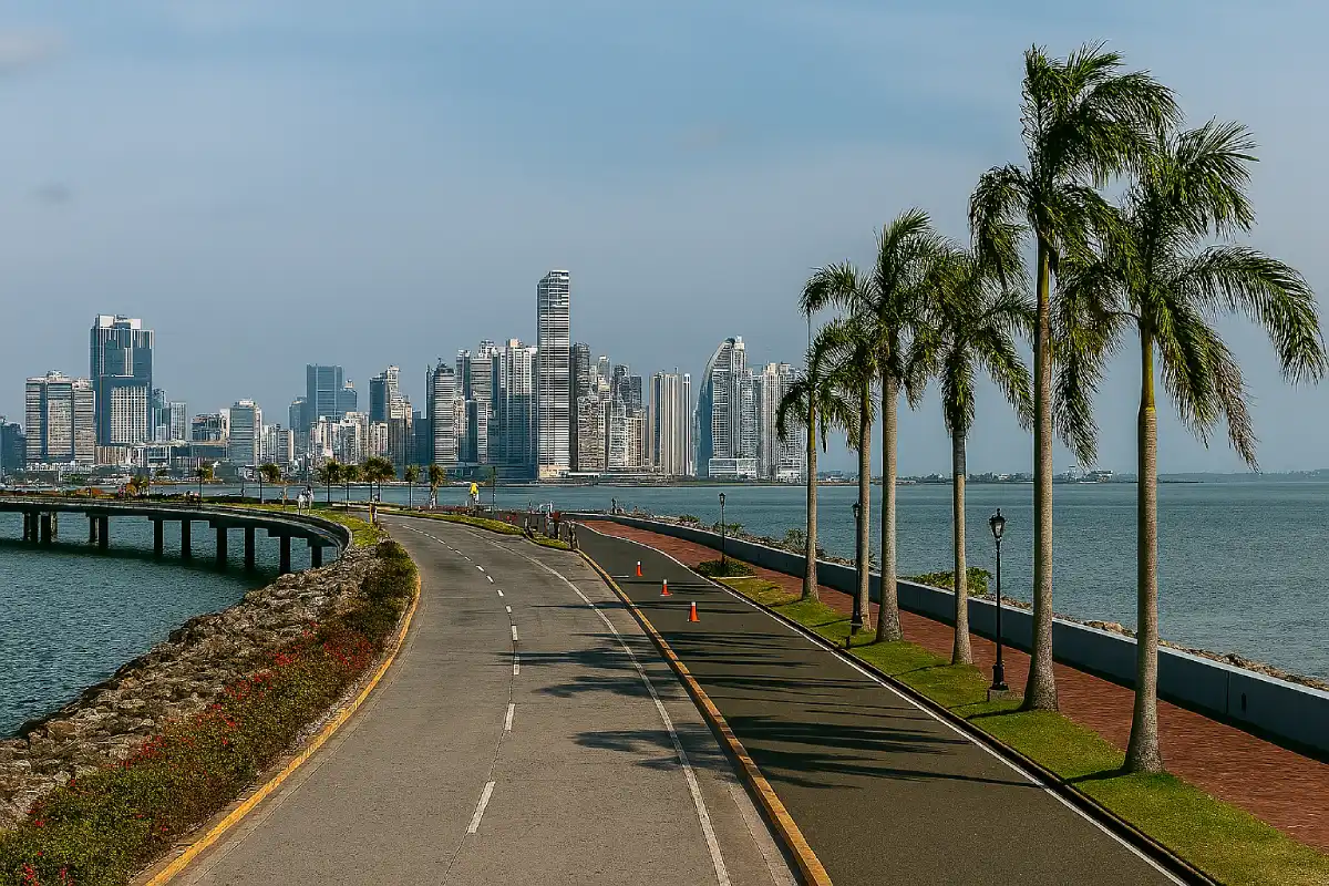 A photo of the Amador Causeway with the Panama City skyline in the background.