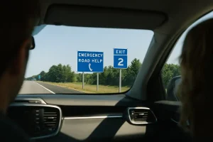 A view from a car window of an open American highway, with clear signs for emergency roadside assistance and an upcoming exit.
