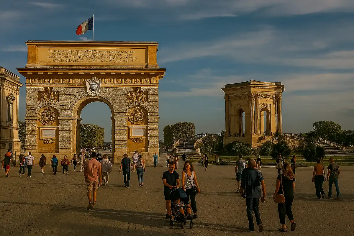 The Arc de Triomphe and the water tower at the end of the Promenade du Peyrou.