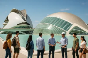 The futuristic architecture of the City of Arts and Sciences in Valencia, Spain.