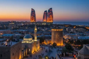 View of Baku's Flame Towers overlooking the Old City