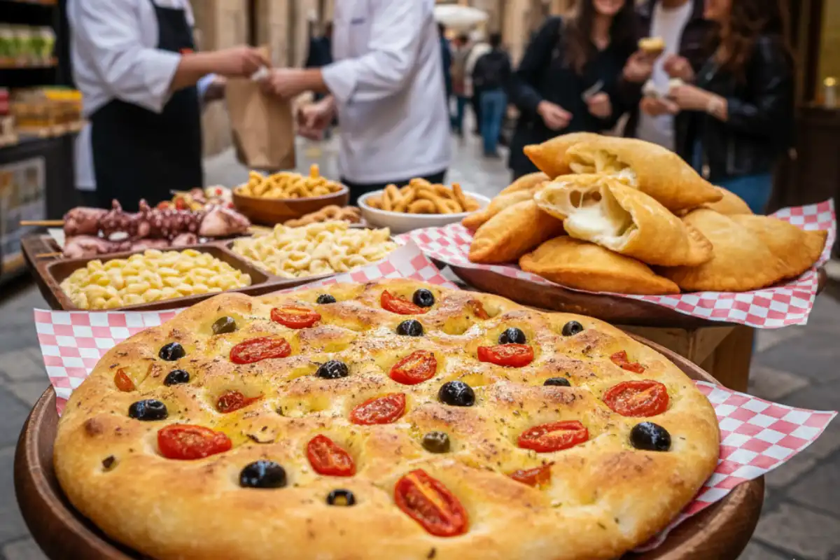 A selection of Bari street food including focaccia barese and panzerotti.