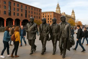 The famous statues of The Beatles at Liverpool's Pier Head with the Royal Albert Dock in the background.