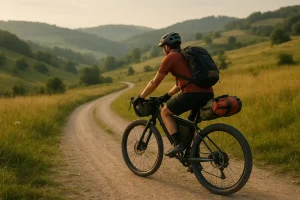 A fully loaded bikepacking bicycle with frame bags and saddle bags positioned on a gravel trail winding through rolling hills.