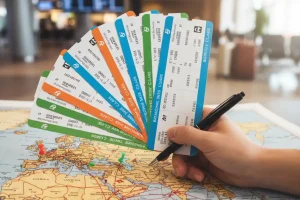 A traveler holding multiple colorful boarding passes arranged over a travel map, illustrating a complex, multi-city itinerary.