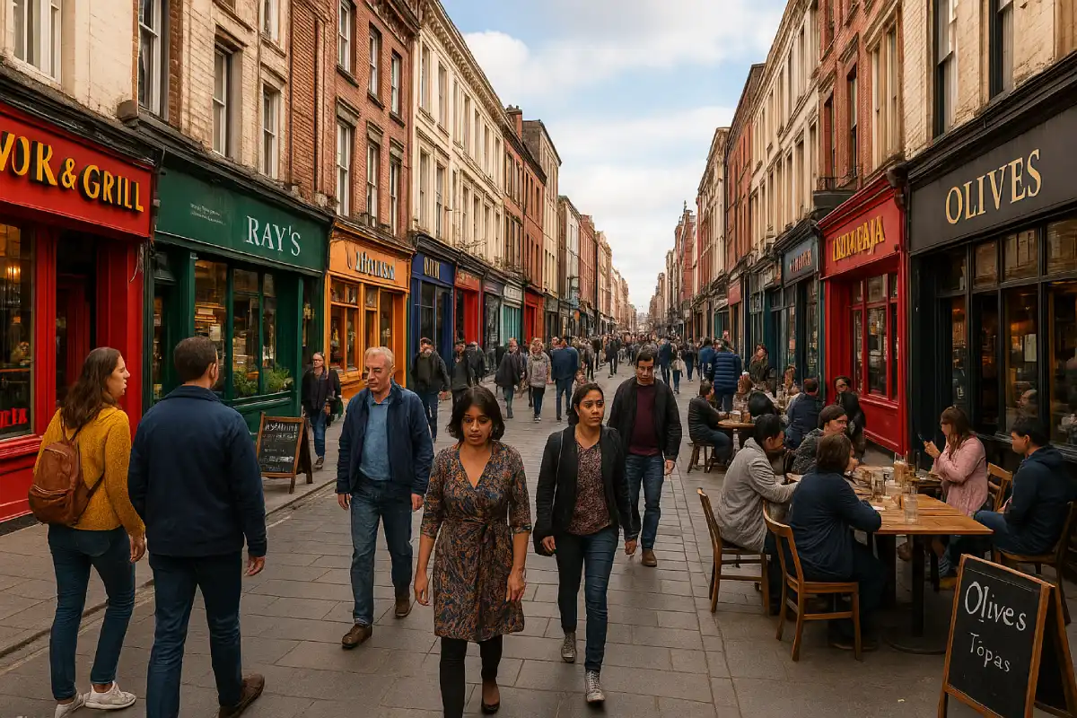 A view down Bold Street in Liverpool, lined with independent, multi-cultural restaurants and cafes.