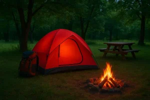 A perfectly pitched, brightly colored tent nestled in a clearing under a canopy of trees at a tranquil campsite.