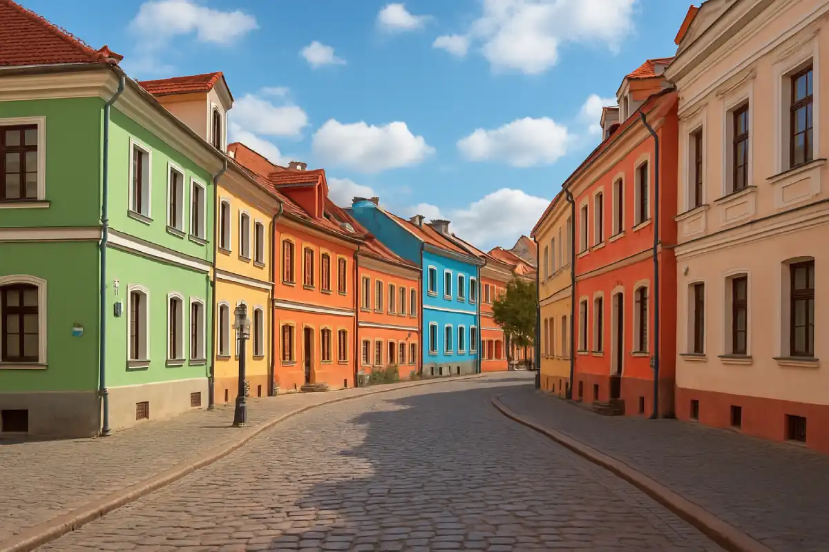 The colorful buildings of Trinity Hill, the rebuilt Old Town of Minsk.