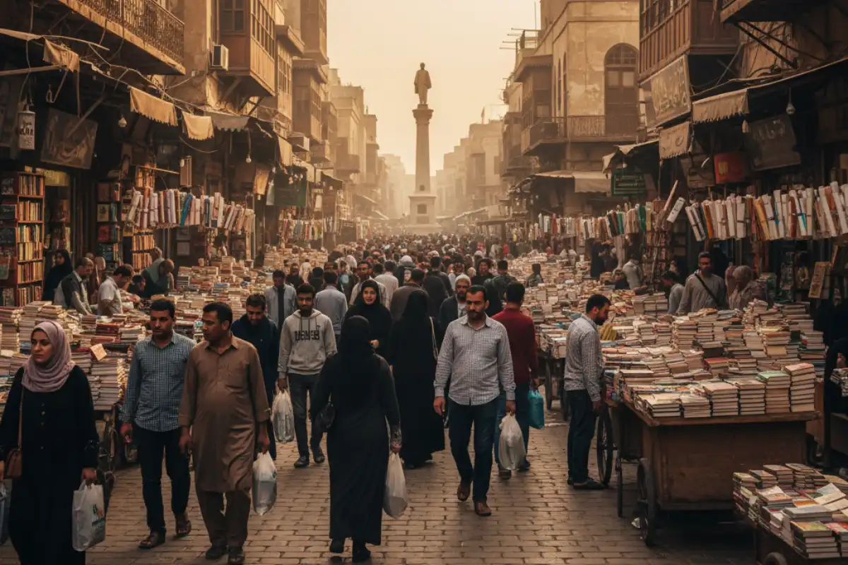 A bustling scene from Al-Mutanabbi Street, Baghdad's famous historic book market.
