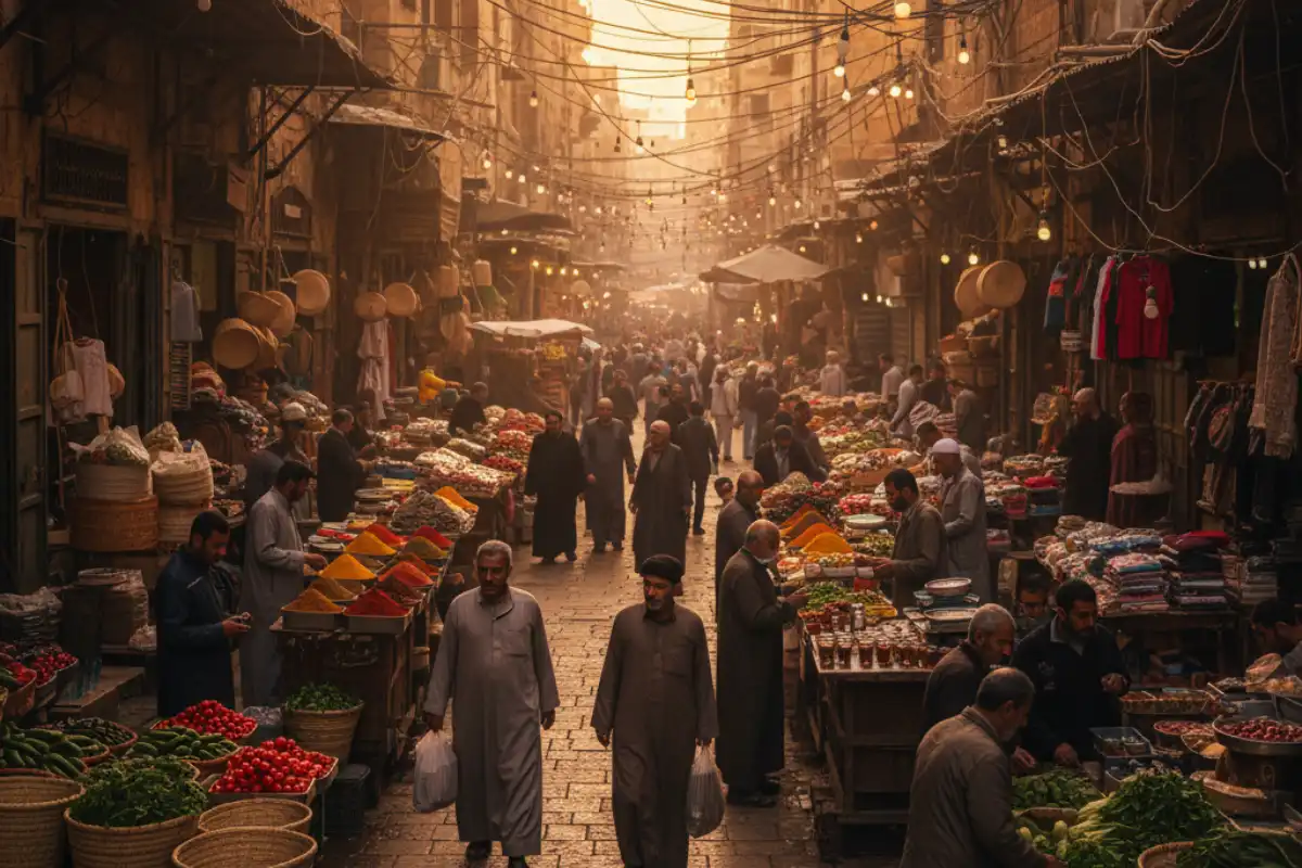 A bustling street market in Downtown Amman with stalls selling goods.