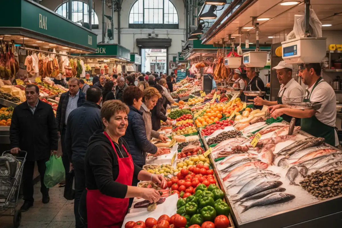 Inside the busy Mercado Central in Alicante with fresh produce stalls.