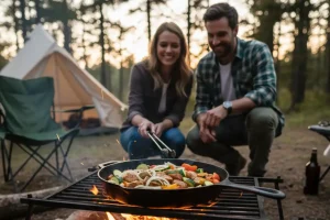 A perfectly managed campfire with a cast iron skillet resting over a bed of glowing, hot coals, ready for cooking an evening meal.