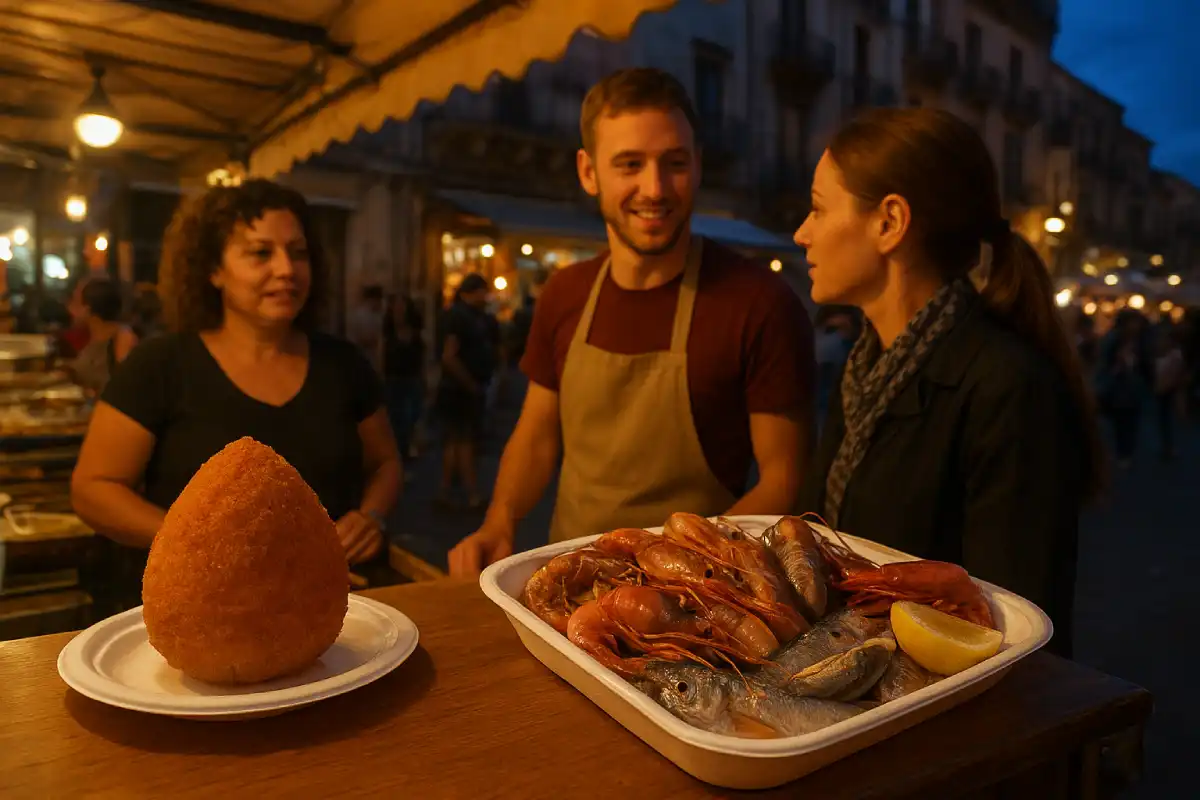A variety of Catanese street food including a large Arancino and fresh seafood.
