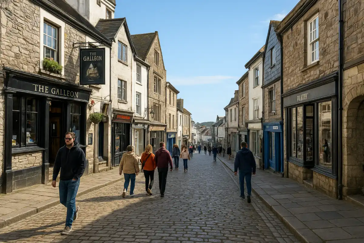 The cobbled streets and historic buildings of the Barbican area in Plymouth.