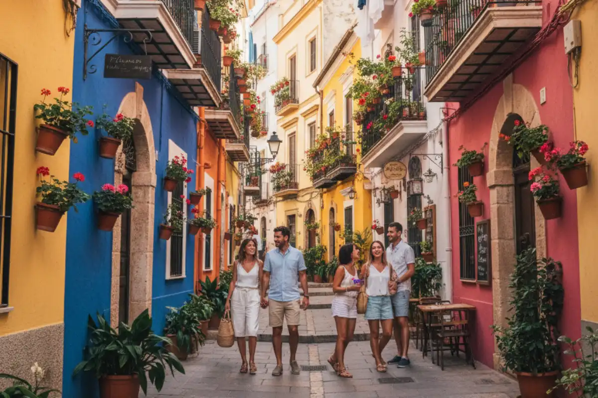 A colorful, narrow street in the Santa Cruz neighborhood of Alicante's Old Town.
