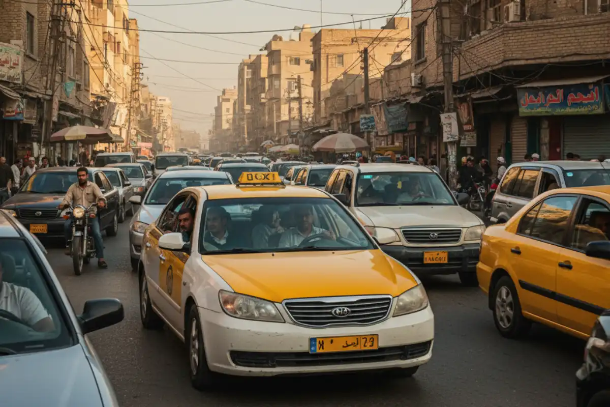 A common shared taxi or car on a busy street in Baghdad.