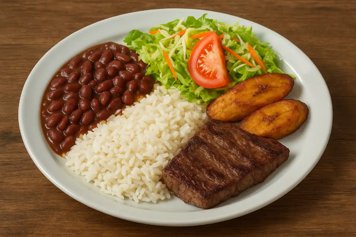 A plate of Costa Rican Casado (rice, beans, meat, plantains, salad).