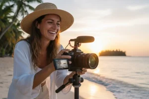 A travel content creator smiling while expertly filming a tropical beach scene with a professional camera and a tripod.