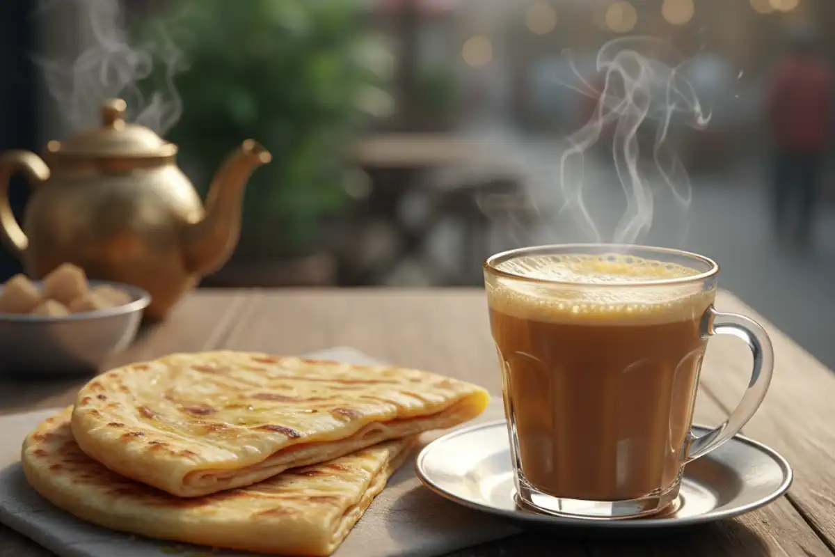 A cup of traditional karak tea next to a freshly made paratha.