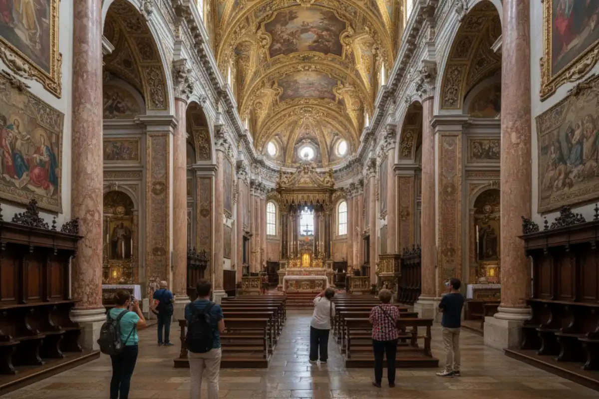 The richly decorated interior of the Basilica di San Nicola in Bari.