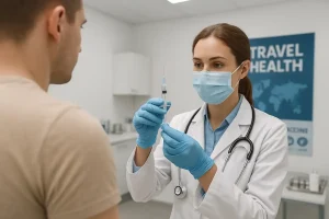 A detailed close-up of a doctor preparing a vaccine shot in a sterile travel health clinic.