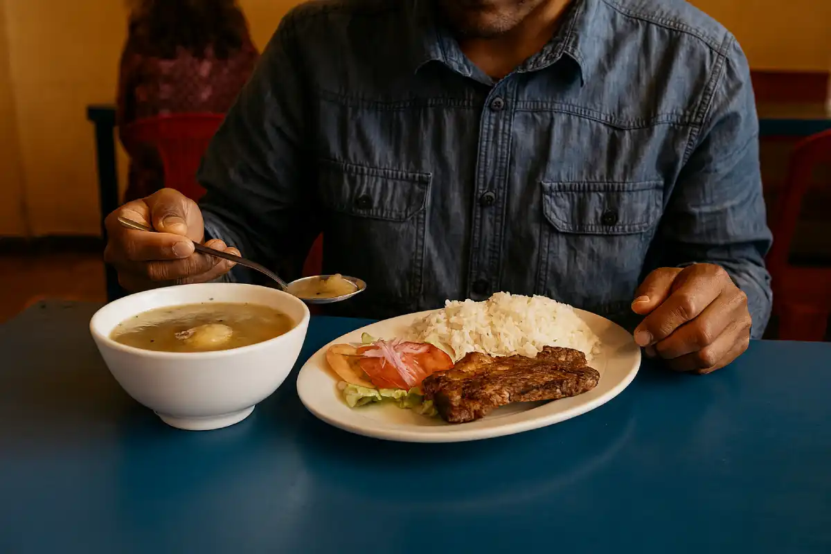 A photo of an Ecuadorian Almuerzo plate with soup, rice, and meat.