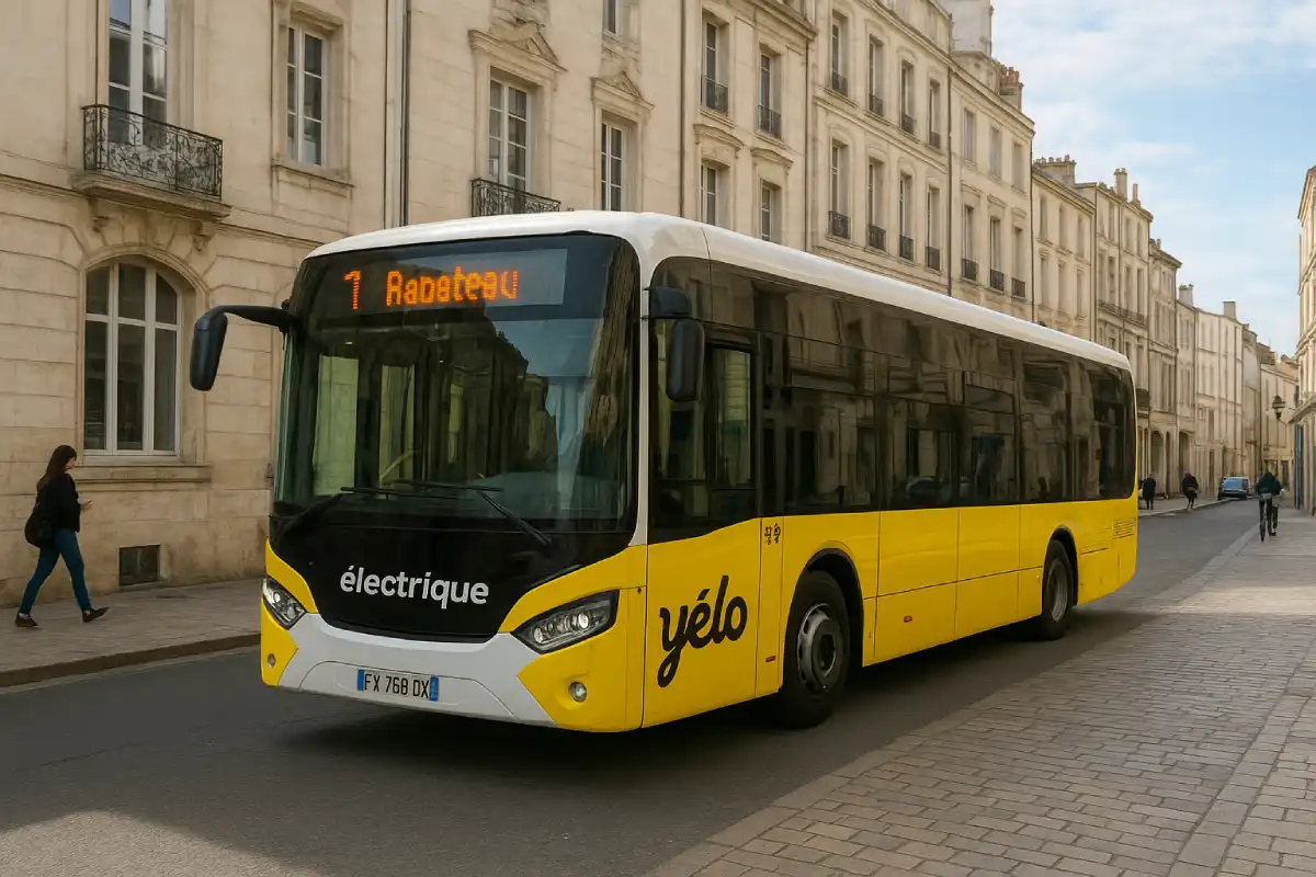 An electric Yélo city bus driving through the streets of La Rochelle.