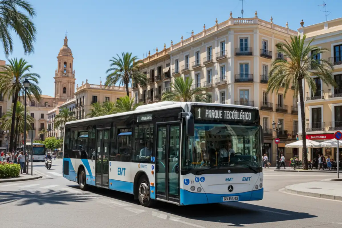 A public EMT bus driving through the streets of Málaga.