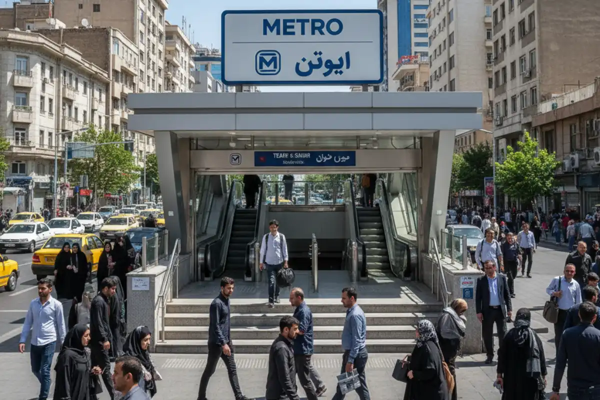The entrance to a Tehran Metro station with a prominent sign in Persian and English.