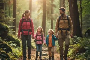 A family hiking together on a sunny trail, with parents and children holding hands, illustrating the joy and connection of outdoor exploration.