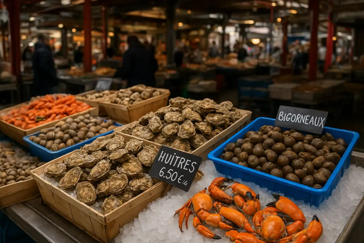 Fresh oysters and seafood on display at the La Rochelle Central Market.