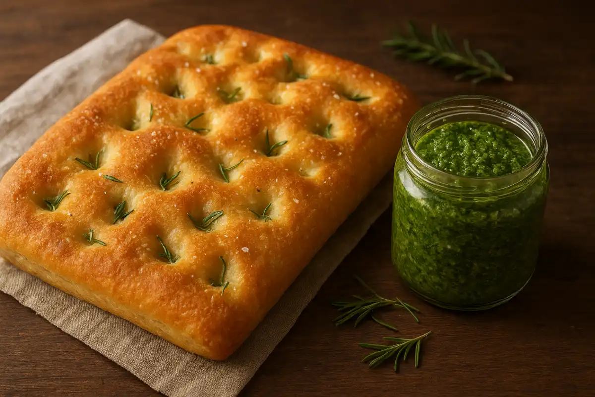 Freshly baked Genoese focaccia and a jar of homemade pesto.